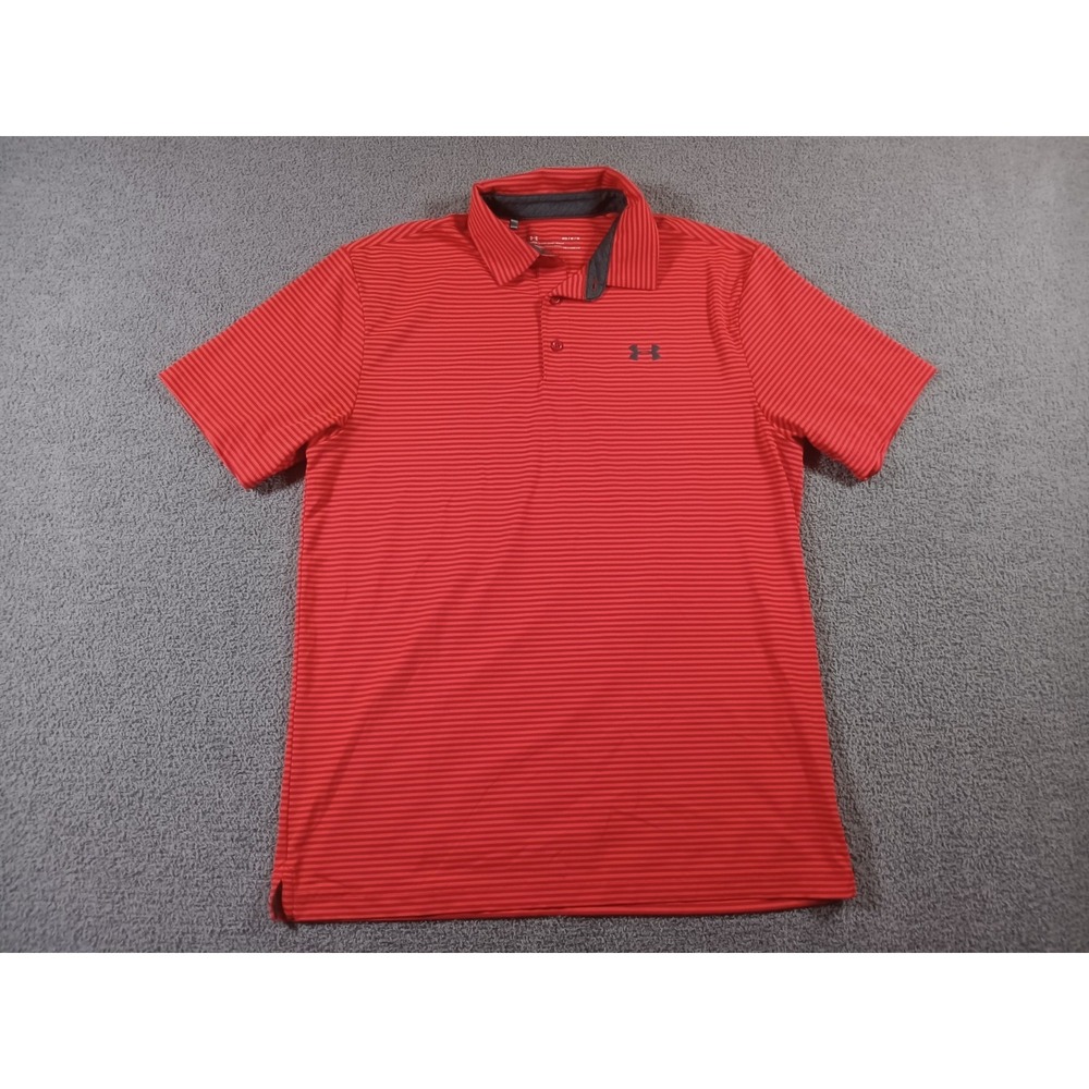 Under Armour HeatGear Golf Polo‎ Shirt Red Striped Loose Fit Men M Performance